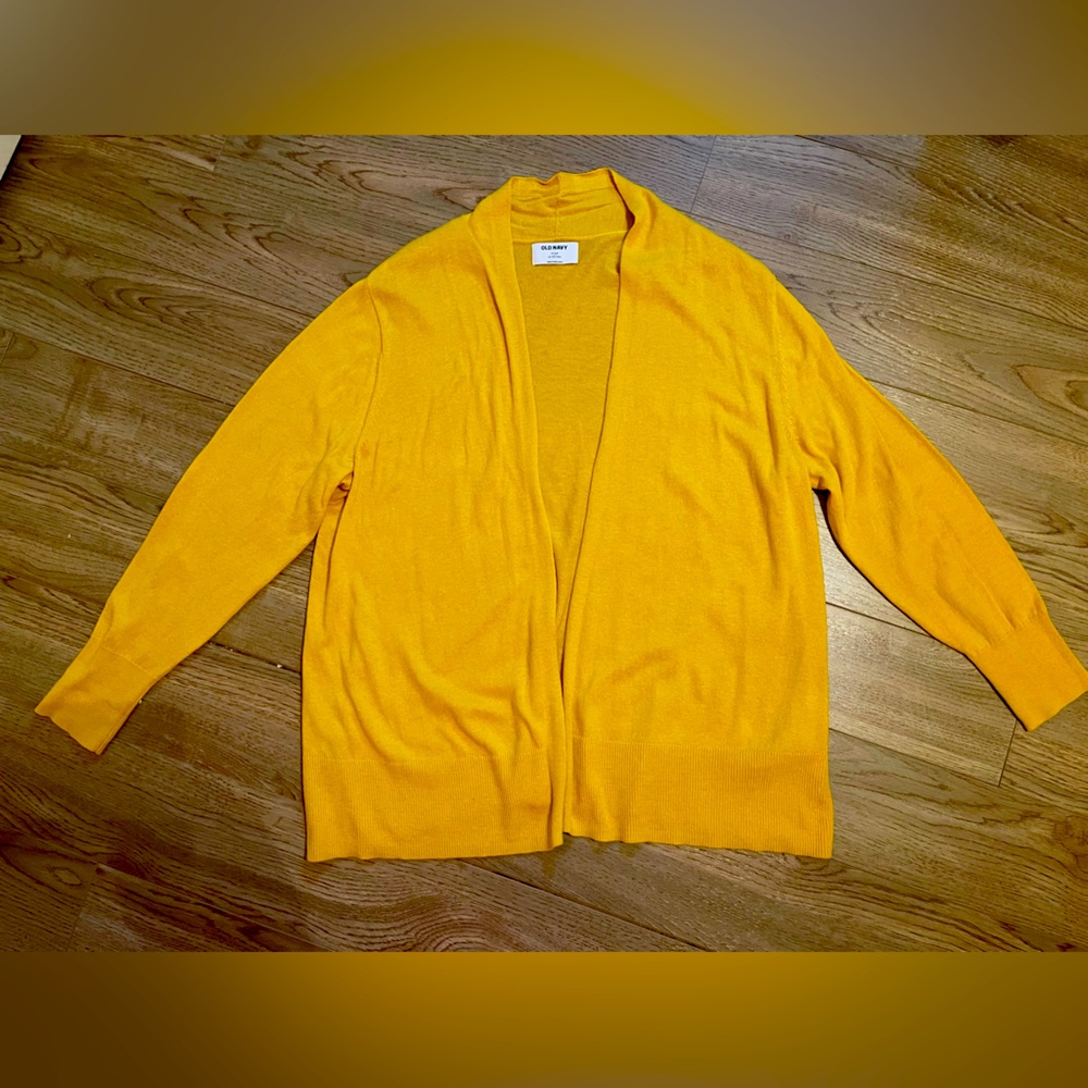 Woman’s canary yellow cardigan. Buttonless. Large and roomy.  Size 2X Plus.